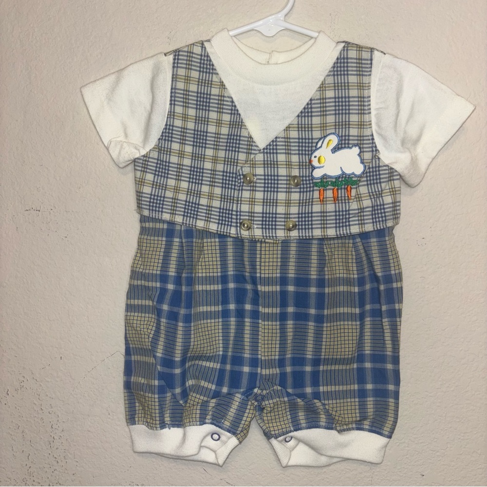 Vintage Baby Plaid Romper with Bunny Patch - Blue & Cream